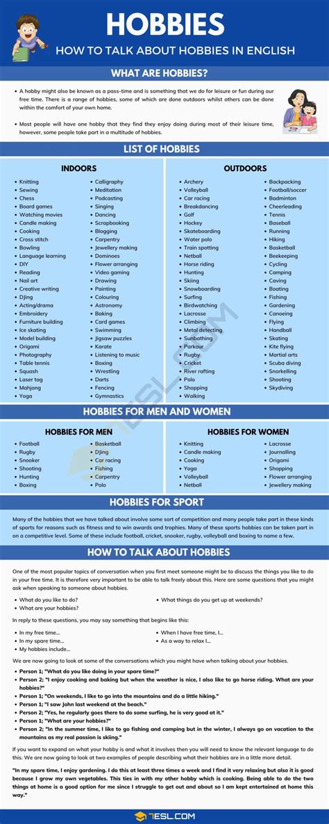 Talking About Hobbies List Of Hobbies For Men And Women 7esl