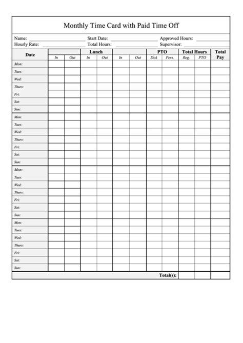 Monthly Time Card Template With Paid Time Off Printable Pdf Download