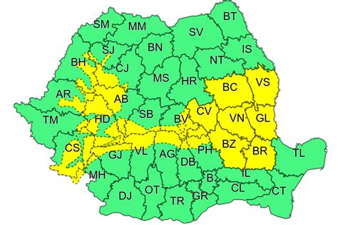Relief grafic cu altitudini, reţeaua hidrografică (râuri şi lacuri ) drumurile europene, naţionale, judeţene şi. Avertizare ANM! Cod galben de ninsori, viscol şi polei ...