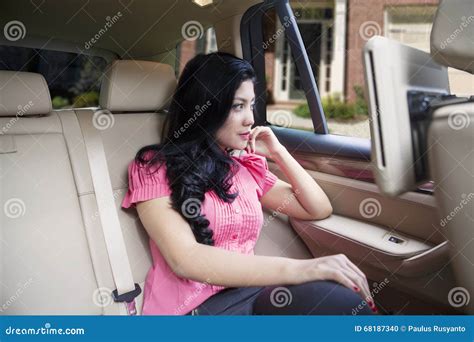 Pretty Woman Sits On The Seat Back Car Stock Photo Image Of Hair