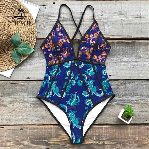 Cupshe Paisley Print One Piece Swimsuit Women V Neck Cut Out Piping