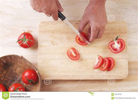 Slice Tomatoes In Half Prepare Tomato For Cooking Stock Image Image