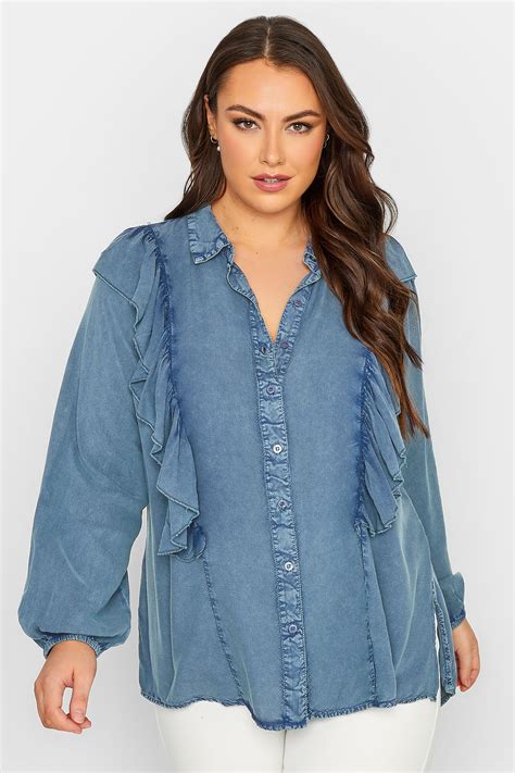 Plus Size Limited Collection Blue Frill Chambray Shirt Yours Clothing