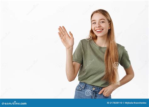 Friendly Blond Girl Waving Hand To Say Hello Young Woman Smiling And