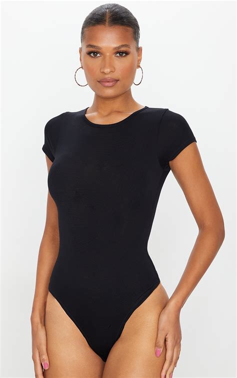 Basic Black Short Sleeve Bodysuit Tops Prettylittlething Aus