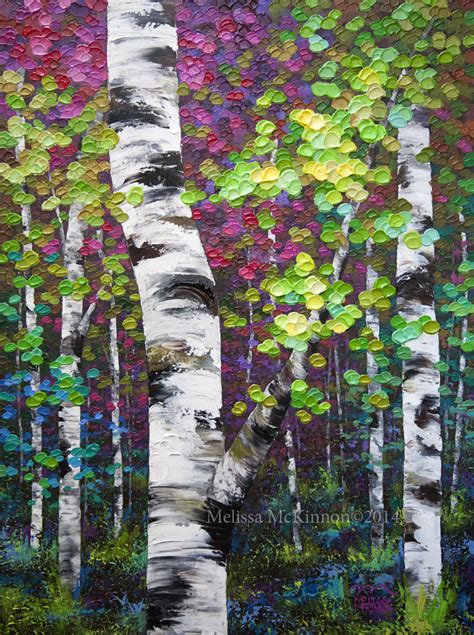 Colourful Acrylic Autumn Birch Aspen Tree Painting On