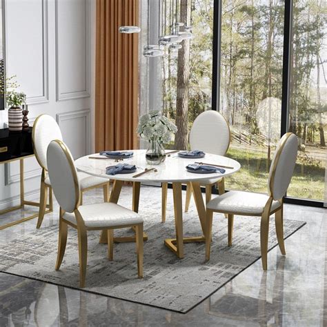 51 Inch Round Dining Table Modern White Faux Marble Top Stainless Steel