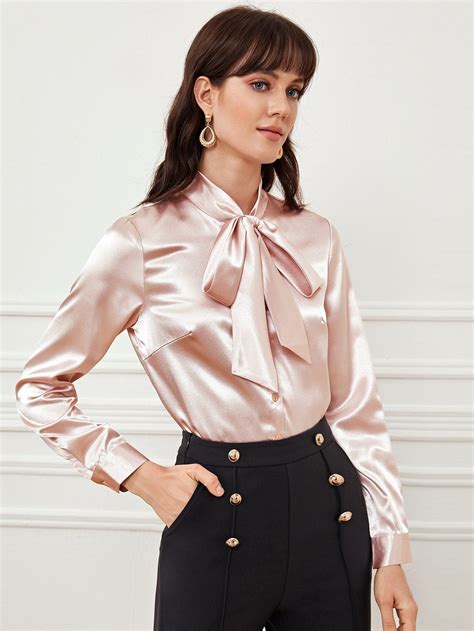 pink pastel tie neck button front satin blouse cs393544 in 2020 with images satin blouse
