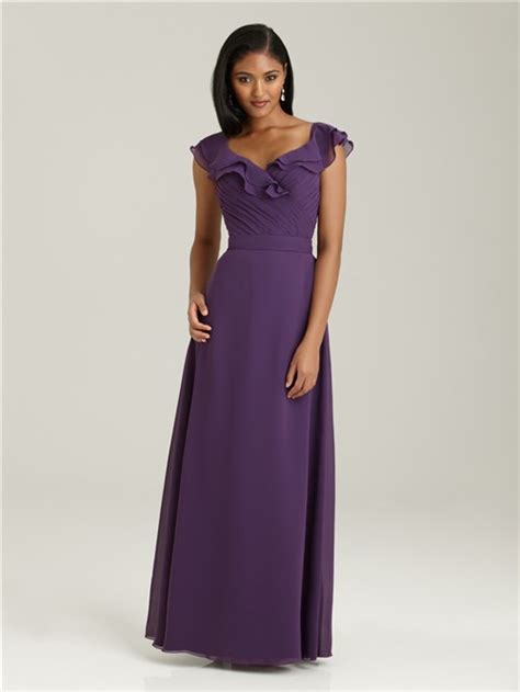 Sheathcolumn V Neck Long Purple Chiffon Bridesmaid Dress With Cap