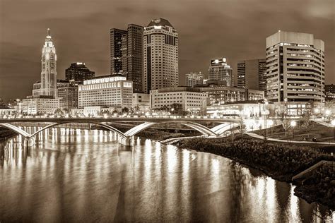 Downtown Columbus Ohio Night Skyline Sepia Cityscape Photograph By