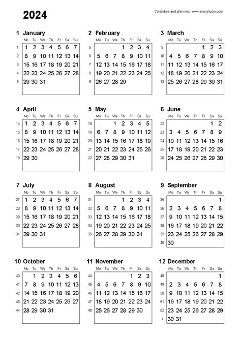 2024 One Page Yearly Calendar With Week Numbers Calendar 2023 With