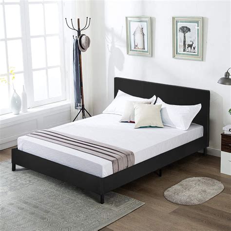 Modern Upholstered Queen Bed Frame Deluxe Solid Platform Bed Faux