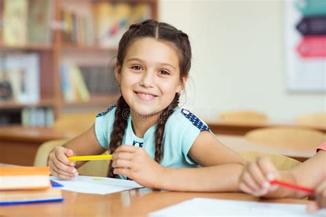 Cute Smiling Schoolgirl At School Stock Image Image Of Pencil Classroom 164758617