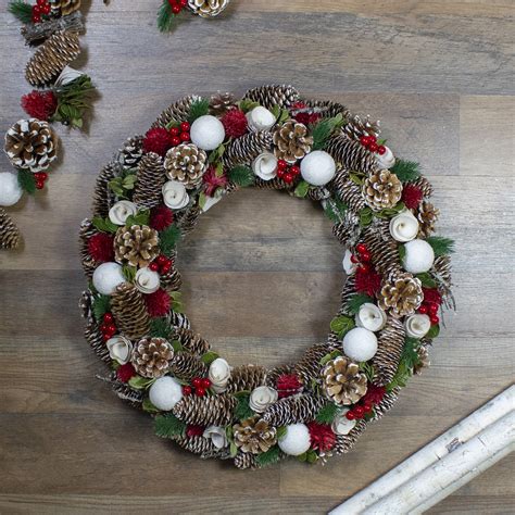 Frosted Pine Cone And Rose Artificial Christmas Wreath 19 Inch Unlit