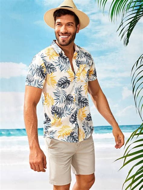 Men Tropical Print Curved Hem Hawaiian Shirt Mens Beach Shirts
