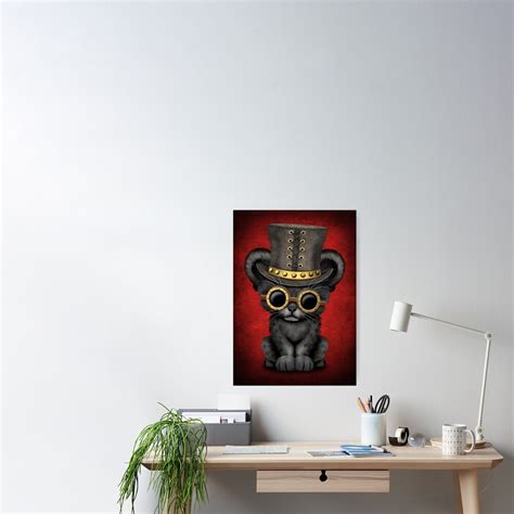 Steampunk Black Panther Cub On Red Poster By Jeffbartels Redbubble