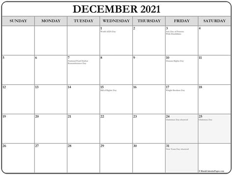 December 2021 Calendar Holidays Printable Blank Calendar Template