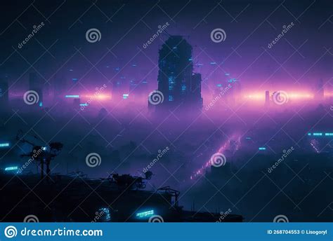 Skyline Of Cyberpunk Neon City At Night Fog And Glowing Lights Stock