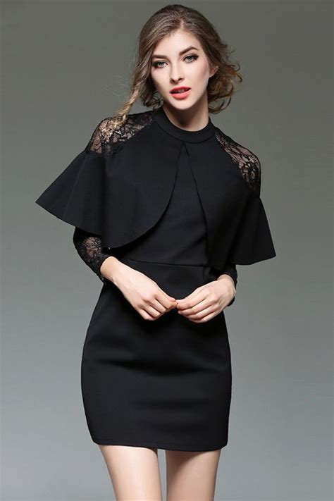 Black Lace Patchwork Long Sleeves Sheath Mini Dress Spring Party Dresses Party Dresses For