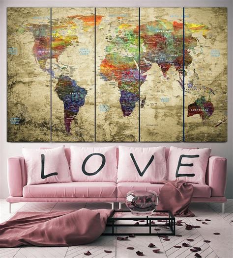 Extra Large Wall Art World Map Watercolor Canvas Print Beige Etsy In