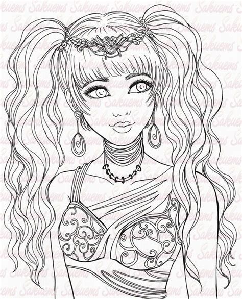 Digital Stamp Fantasy Portrait Manga Girl Long Hair Princess Blank