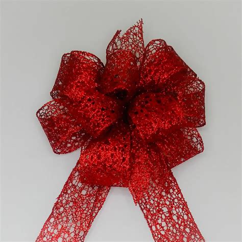 Christmas Bow Wreath Bow Red Metallic Mesh Glitter Etsy
