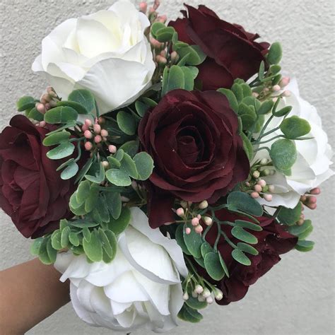 a bridesmaids bouquet of ivory and burgundy silk rose flowers bridesmaid flowers artificial