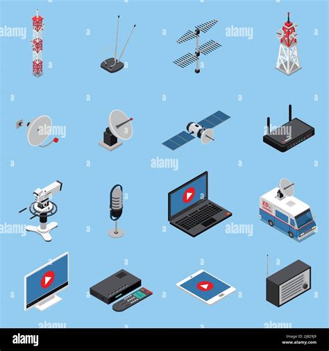 Telecommunication Isometric Icons Set With Broadcast Equipment And
