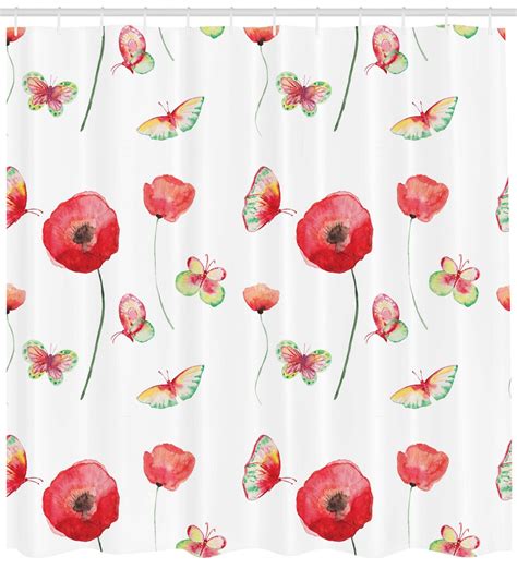 Poppy Decor Shower Curtain Set Vintage Pattern With Poppy And