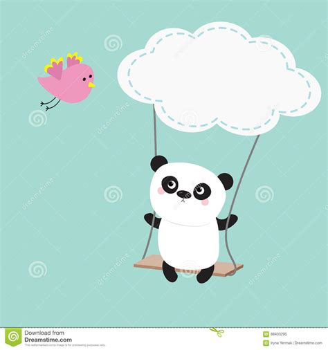 Panda Ride On The Swing Cloud Shape Flying Pink Bird
