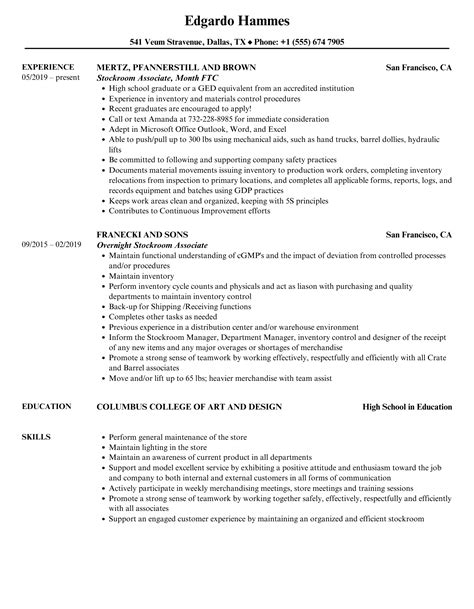 Stockroom Associate Resume Samples | Velvet Jobs