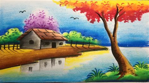 Easy Village Scenery Drawing For Kids With Oil Pastel Step By Step 111