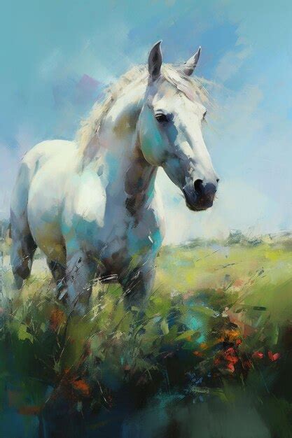 Premium Ai Image A Painting Of A White Horse In A Field Of Flowers