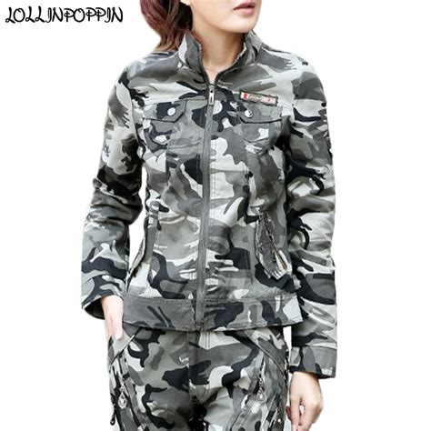 Buy Women Camouflage Army Jacket Stand Collar Camo