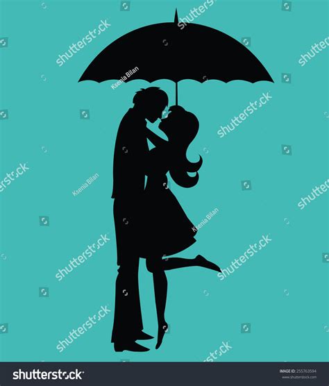Kissing Couple Under Umbrella Silhouette Stock Vector Royalty Free