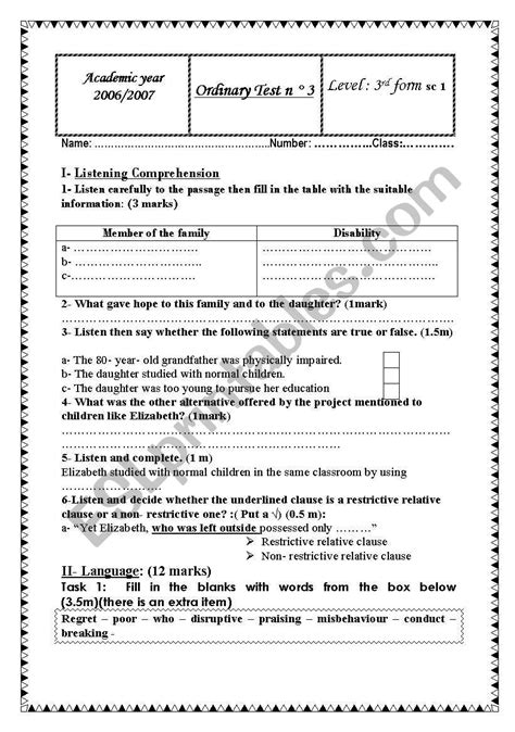 Mid Term Test N 3 For 3rd Forms Esl Worksheet By Toffaha