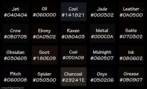 Shades Of Black And Names With Hex Rgb Color Codes