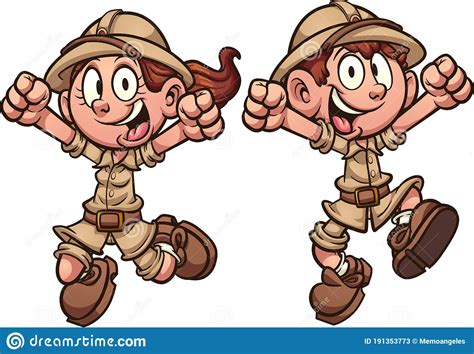 Happy Cartoon Explorer Safari Kids Jumping Stock Vector