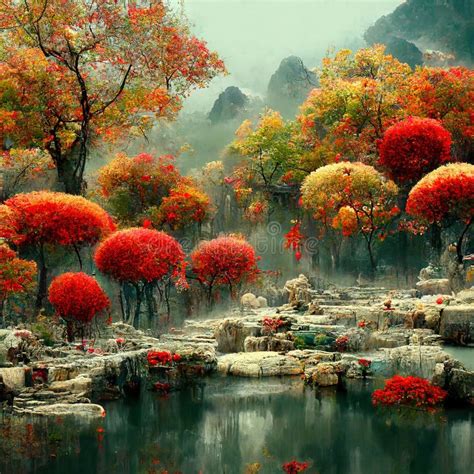 Chinese Autumn Landscape With Autumn Trees And Majestic Mountains