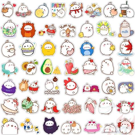 50pcsset Kawaii Molang And Piu Piu Series Stickers Hobbies And Toys