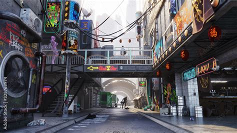 Cyberpunk City Concept Alley Street Daytime 3d Rendering Stock