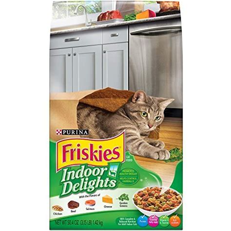 May 14, 2019 · friskies indoor delights® dry cat food formulated to promote healthy weight and help control hairballs, with flavors of chicken, salmon, cheese & garden greens. Friskies Dry Cat Food, Indoor Delights, 3.15-Pound bag by ...