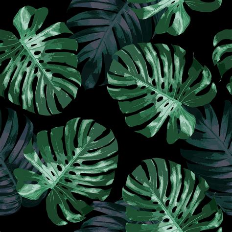 Seamless Pattern Design Of Tropical Leaves On Black Background Digital