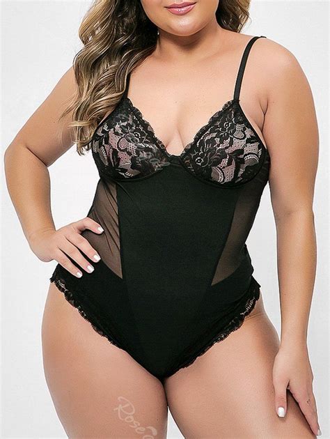 Sheer Mesh Lace Panel Lingerie Plus Size Teddy 34 Off Rosegal