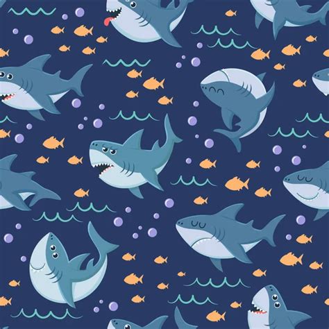 Cartoon Sharks Pattern Seamless Ocean Swim Marine Shark And Sea