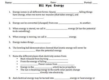 When energy is moving, we call it _____ energy. Bill Nye Energy Video Works... by Mayberry in Montana | Teachers Pay Teachers
