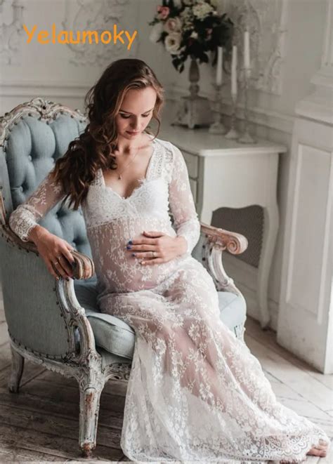 Long Sleeve Pregnancy Lace Dress Maternity Photography Props Long Lace
