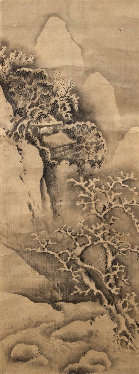 lot-japanese-scroll-painting-on-paper-depicts-a-sage-watching-birds-in-a-snow-covered-tree