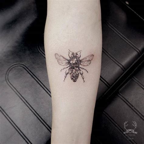 Flower Honey Bee Tattoo On The Inner Forearm