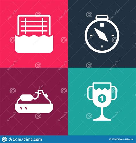 Set Pop Art Award Cup Jet Ski Compass And Water Polo Icon Vector Stock Vector Illustration